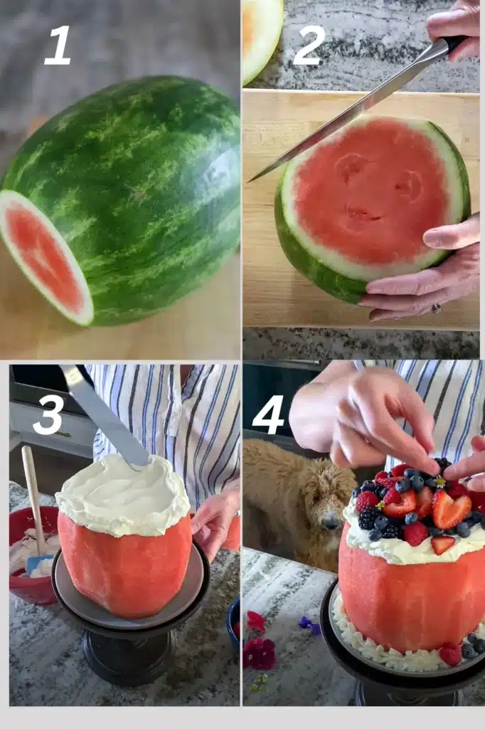 Assembling a watermelon layer cake with fresh fruit