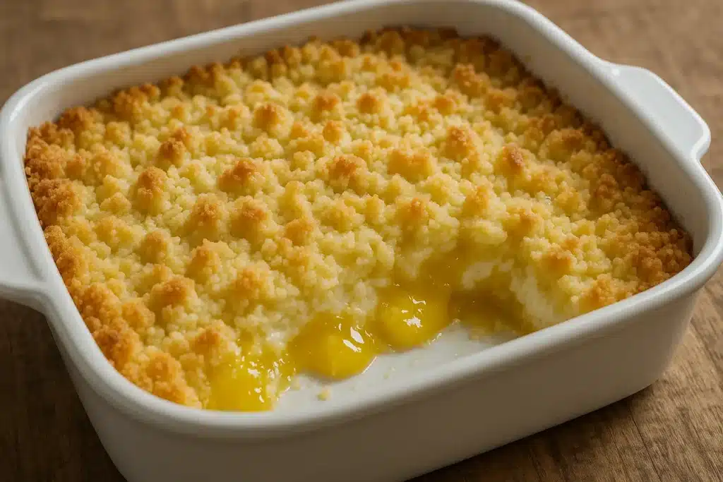 Lemon cream cheese dump cake in baking dish with golden topping