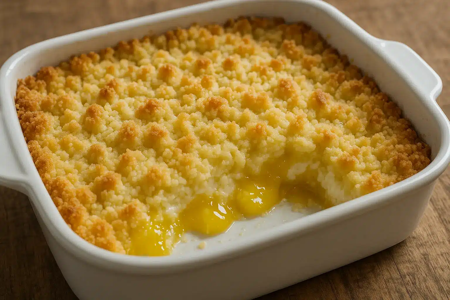 Lemon cream cheese dump cake in baking dish with golden topping