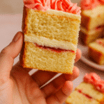 Hand holding sliced bento cake with jam filling and pink buttercream swirls, perfect for dessert blogs