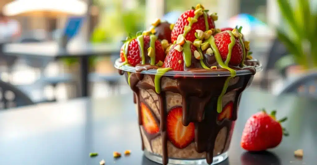 Chocolate-covered strawberries with pistachio drizzle in a clear cup, Dubai-style dessert.