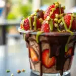 Chocolate-covered strawberries with pistachio drizzle in a clear cup, Dubai-style dessert.