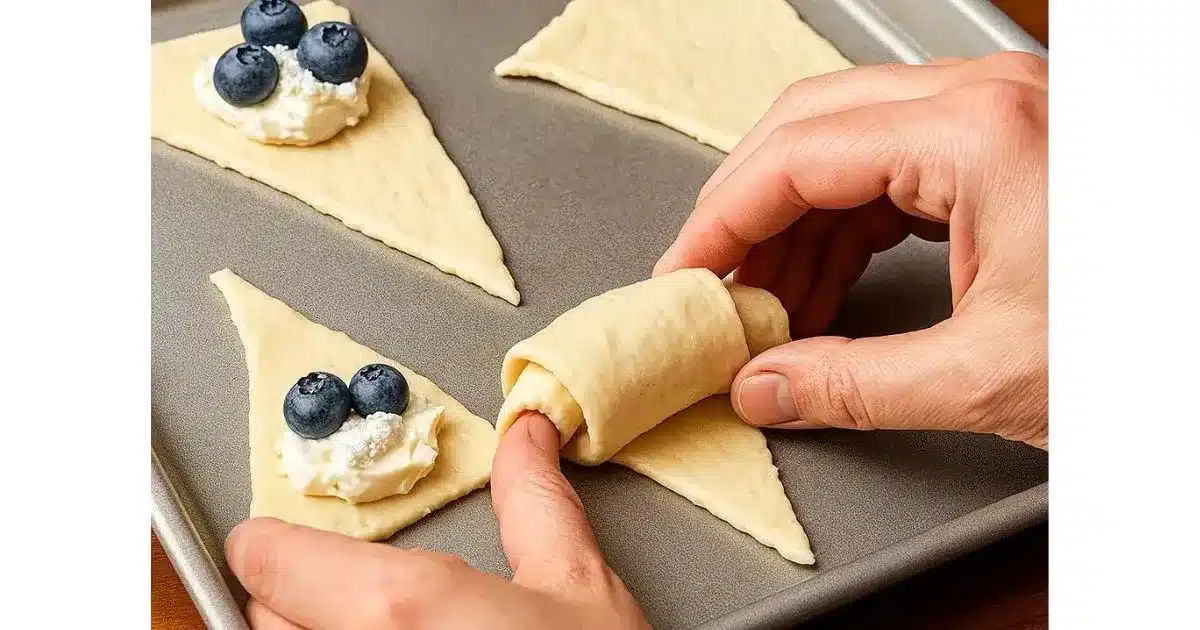 Hands rolling blueberry cheesecake crescent dough