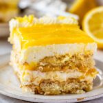 Limoncello Tiramisu slice on rustic dessert table