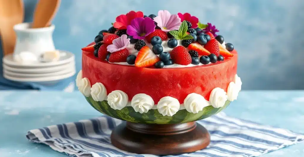 Fresh watermelon cake topped with whipped cream, berries, and edible flowers for summer dessert