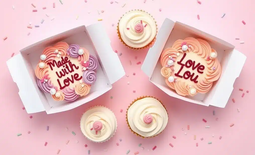 Pastel bento cakes and cupcakes with buttercream frosting and sprinkles on pink background.