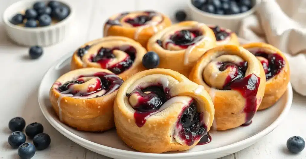 Blueberry cheesecake rolls with creamy filling and berry glaze on a white dessert plate