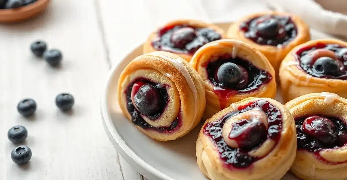 Fresh blueberry cheesecake rolls with golden dough and glossy berry filling on a white plate
