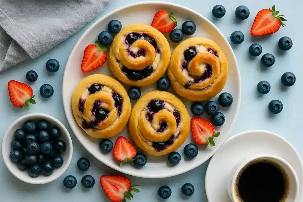 Blueberry cheesecake rolls served with berries and coffee