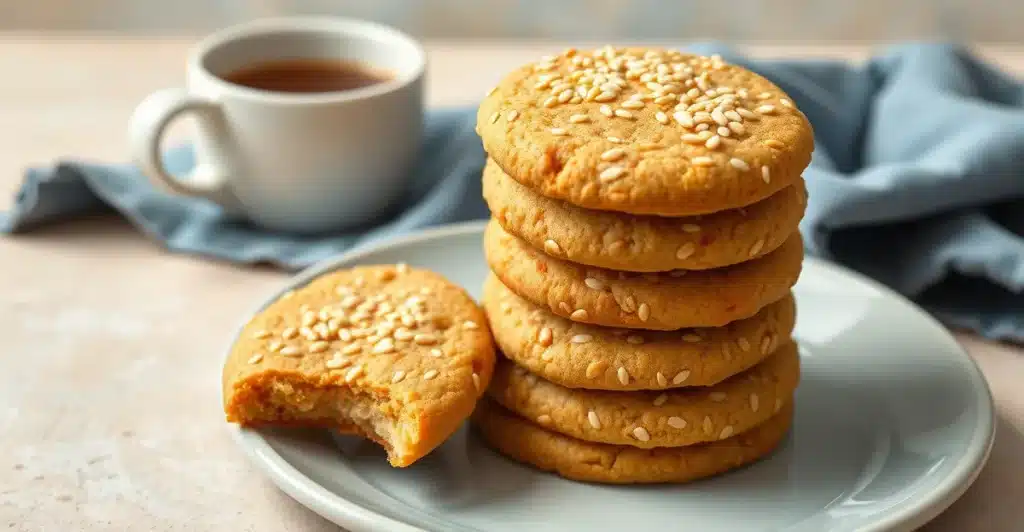  Stack of golden champurradas with sesame seeds on a plate next to coffee.