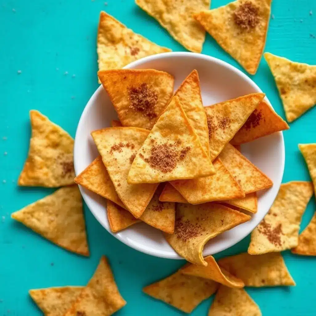  Bowl of crispy churro chips topped with cinnamon sugar on a turquoise background