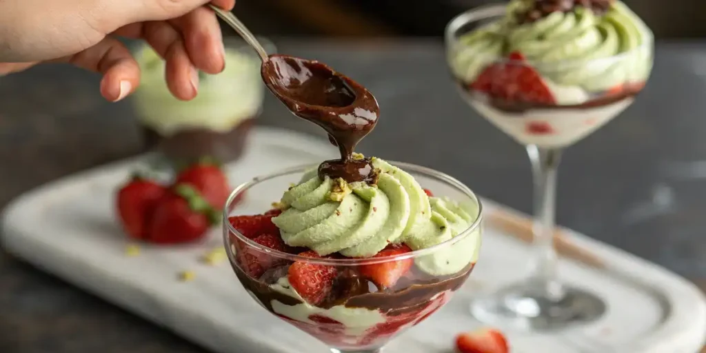 Layering pistachio cream and chocolate over strawberries