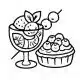Linear icon depicting a dessert cup with fruit slices, a blueberry tartlet and a fruit skewer.