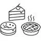 Line art icon featuring a slice of layer cake, a cheesecake, and a lattice-topped pie with steam.