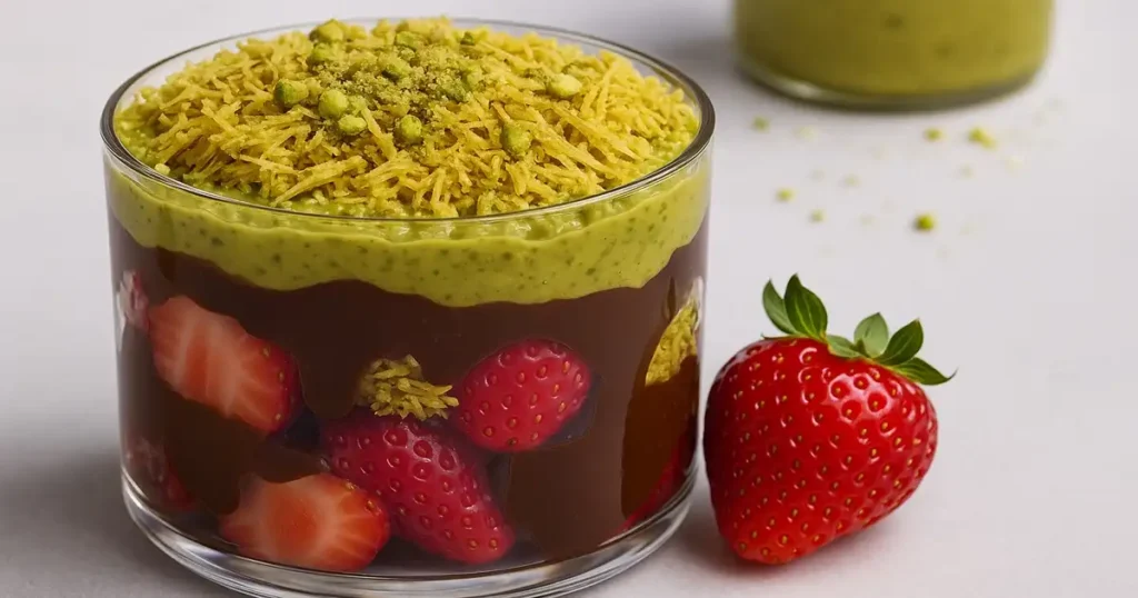 Dubai chocolate covered strawberries in layered dessert cup