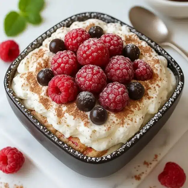 Fresh raspberry tiramisu dessert topped with whipped cream, cocoa powder, and berries in a black bowl