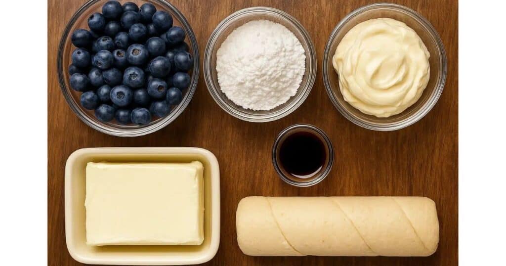 Ingredients for blueberry cheesecake rolls including blueberries, butter, cream cheese and dough