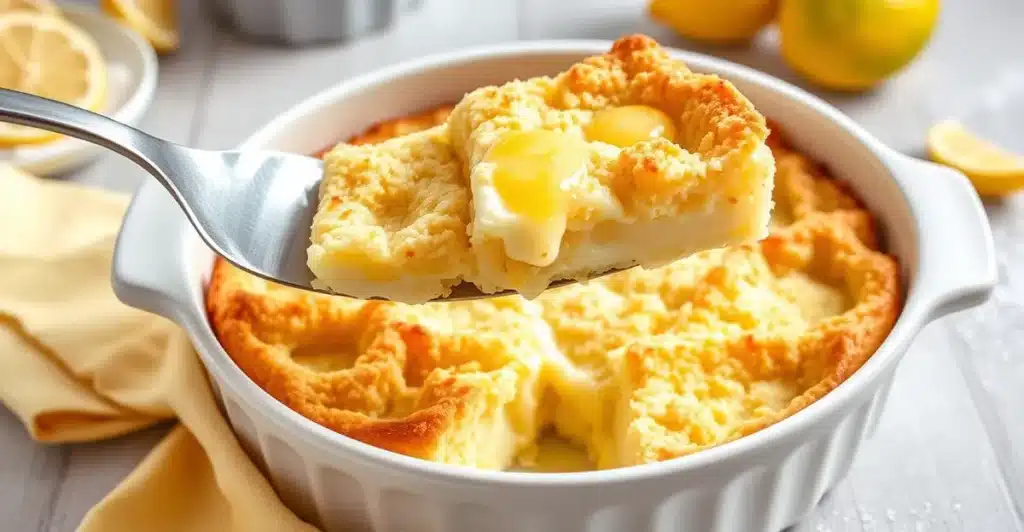 Freshly baked Lemon Cream Cheese Dump Cake in a white ceramic dish, with a golden crumb topping, creamy filling, and lemon slices beside it.