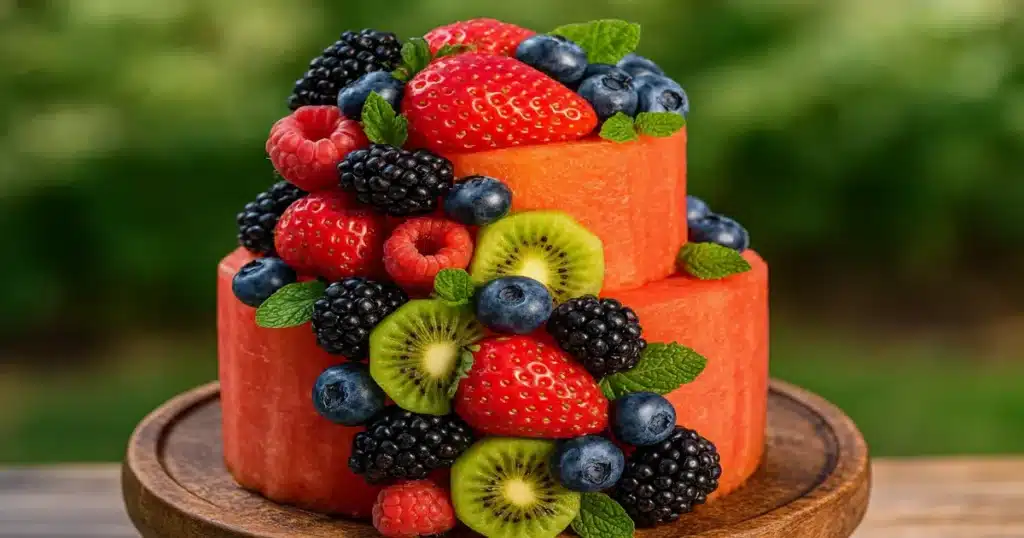 Two-layer watermelon cake topped with fresh fruit and mint