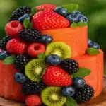 Two-layer watermelon cake topped with fresh fruit and mint