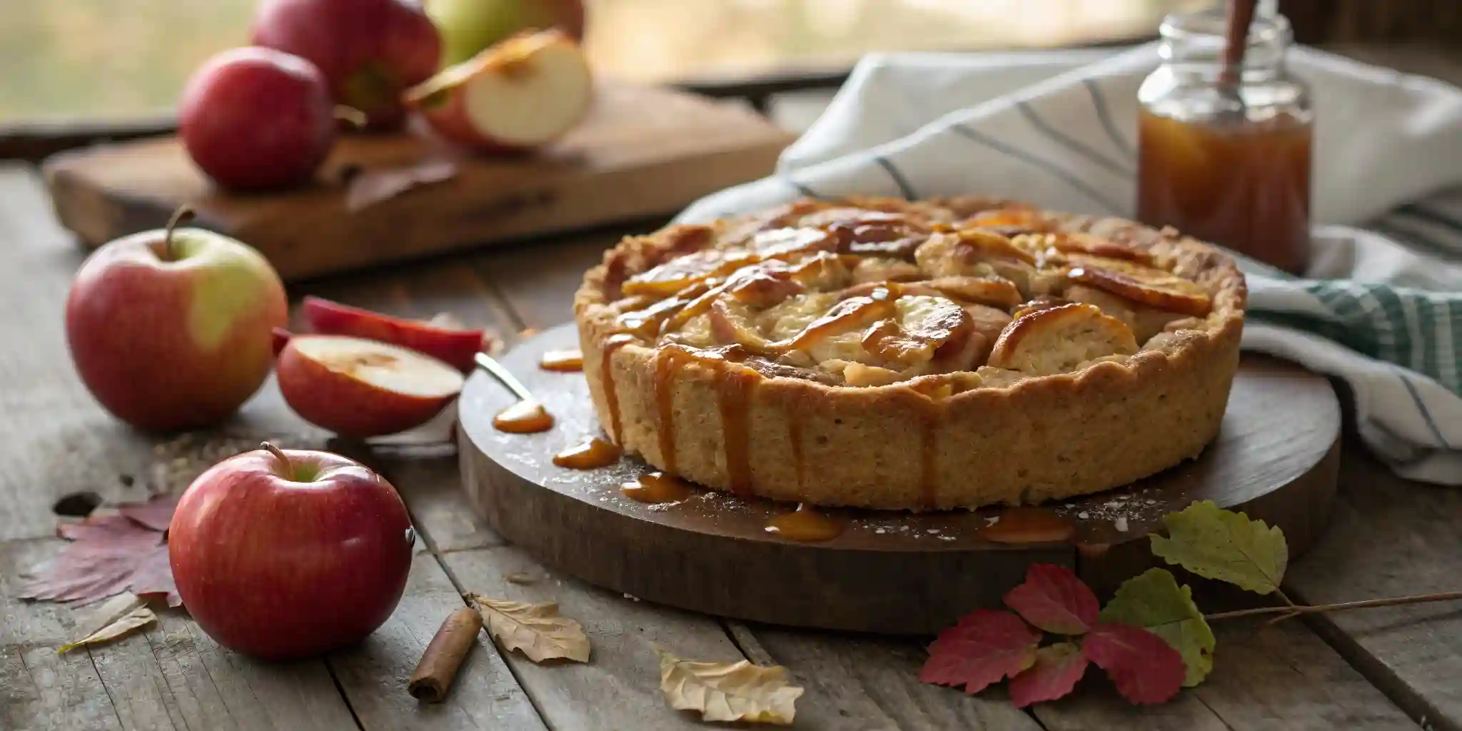freshly baked apple blossom dessert with caramel drizzle