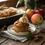 served apple blossom dessert with ice cream and caramel