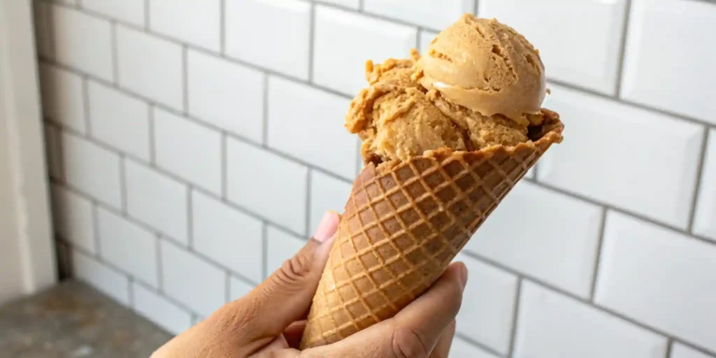 flat lay of homemade dulce de leche ice cream in loaf pan
