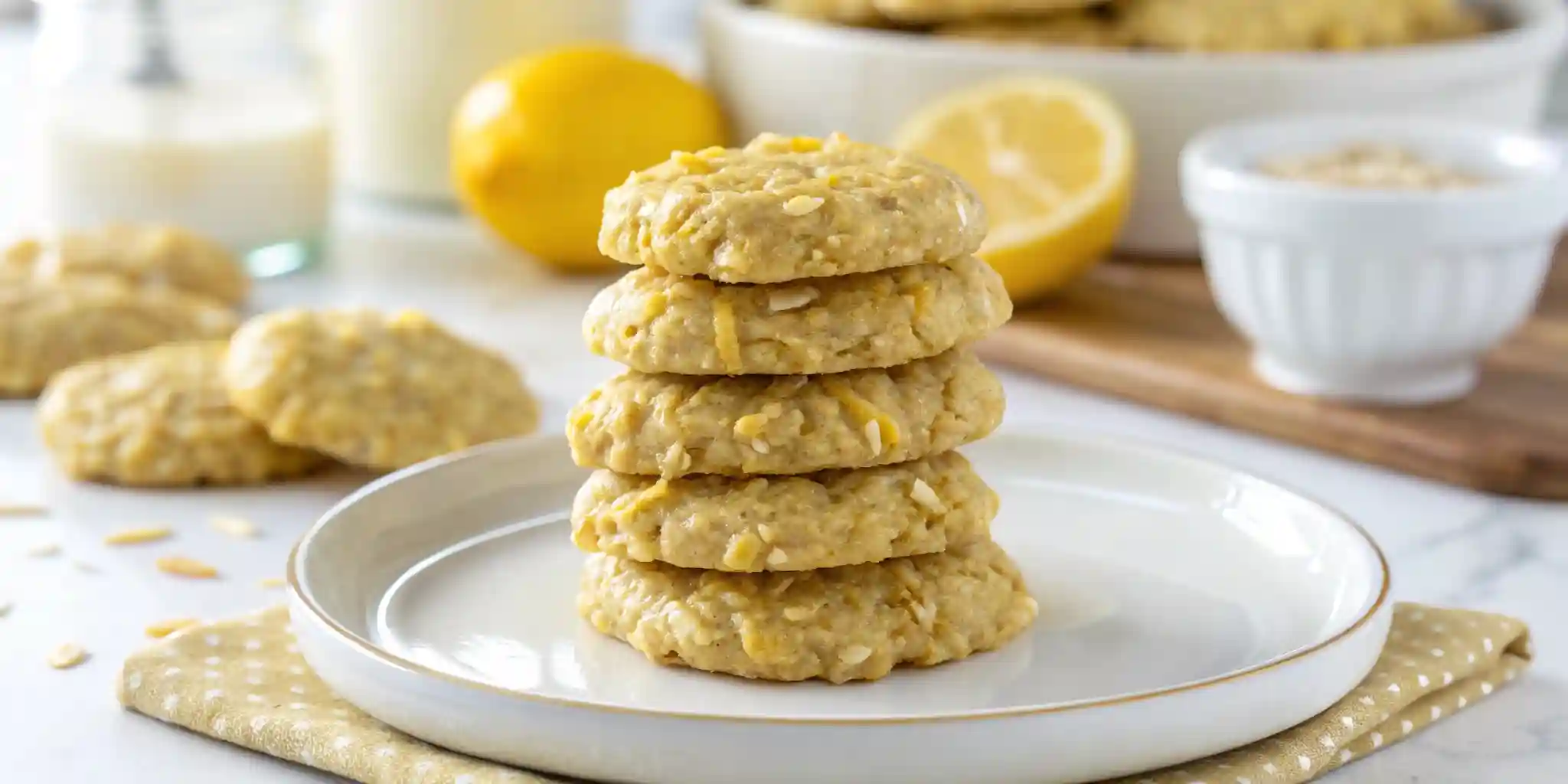 Lemon oatmeal no bake cookies stacked on a white plate