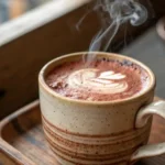 hot hojicha latte in ceramic mug
