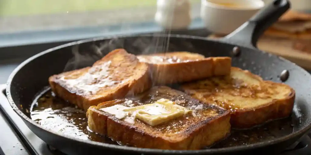  French toast slices cooking in butter until golden brown on stovetop