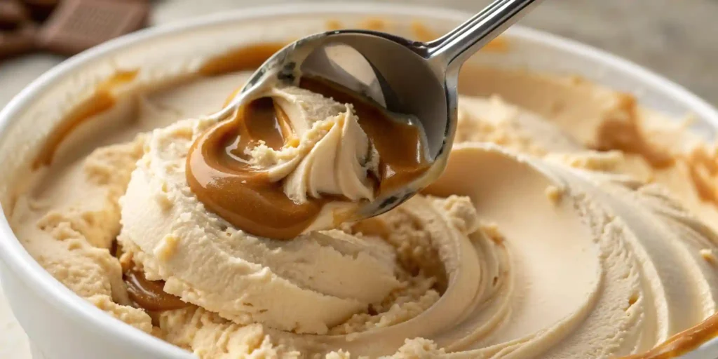 swirling dulce de leche into homemade ice cream