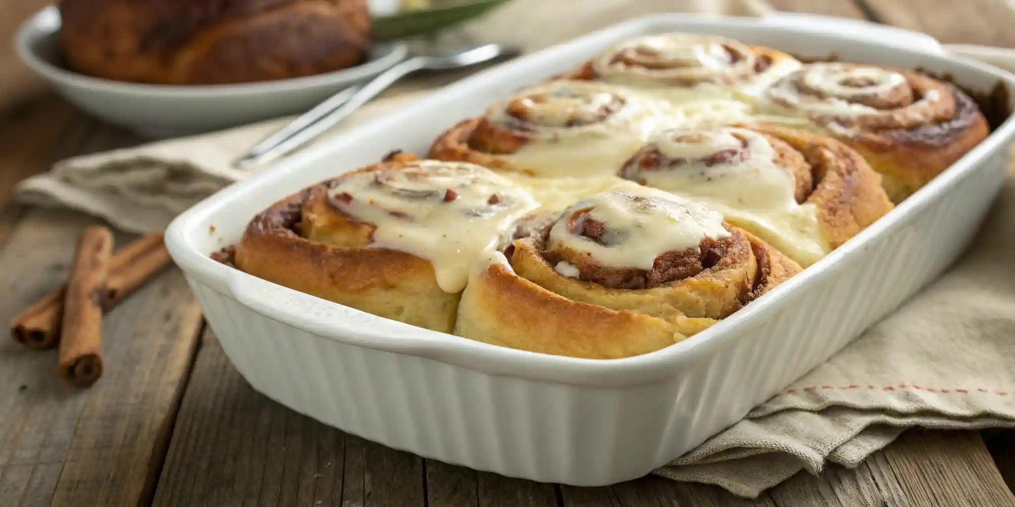 Fresh Rhodes cinnamon rolls with frosting in baking dish