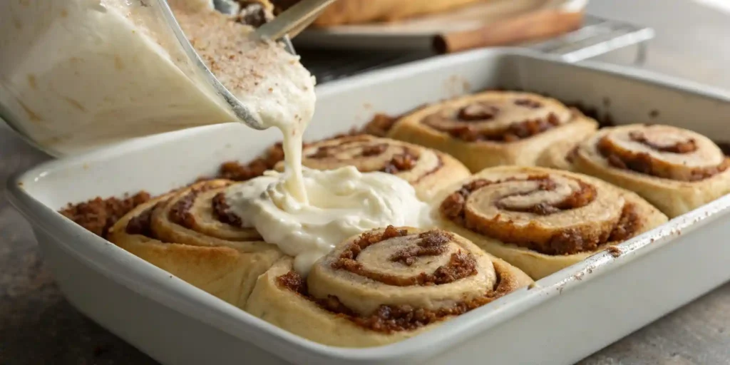 Pouring heavy cream over Rhodes cinnamon rolls before baking