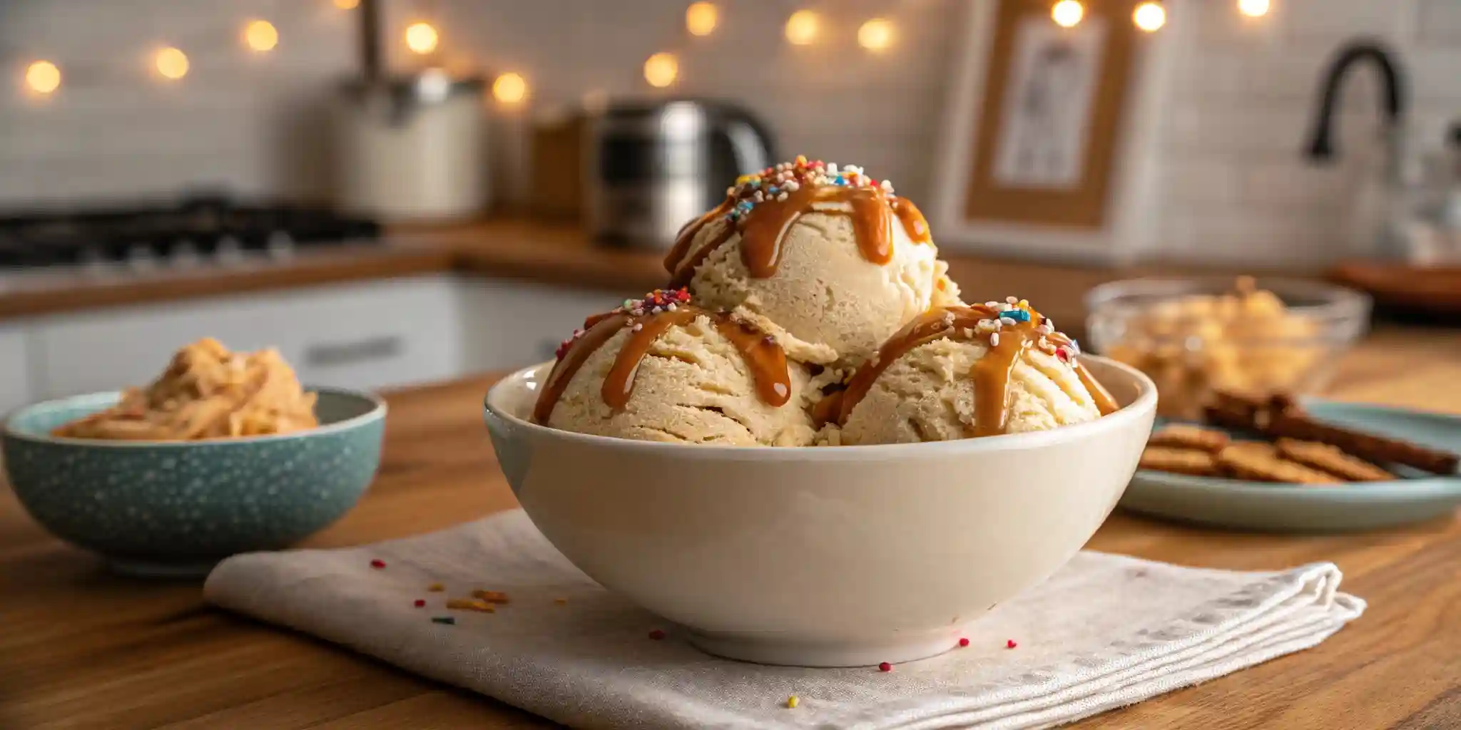 creamy homemade dulce de leche ice cream in vintage bowl