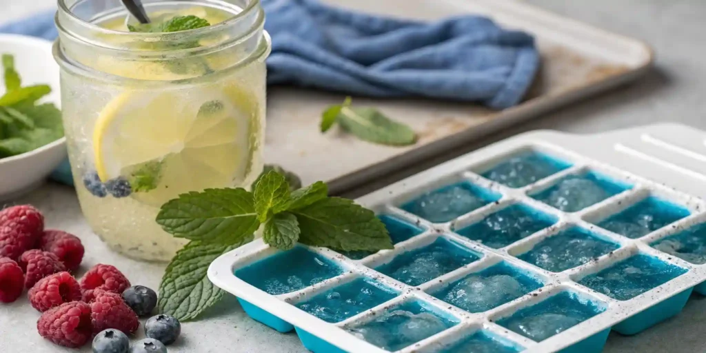 Blue raspberry lemonade with lemon slices, mint, and blue ice cubes
