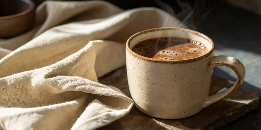 hot hojicha latte in ceramic mug