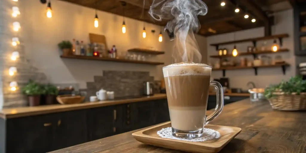  frothy hot hojicha latte in stoneware cup