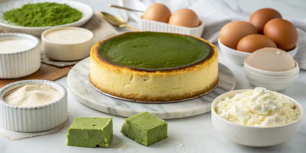 Flatlay of matcha cheesecake ingredients: cream cheese, eggs, sugar, matcha, cream, flour