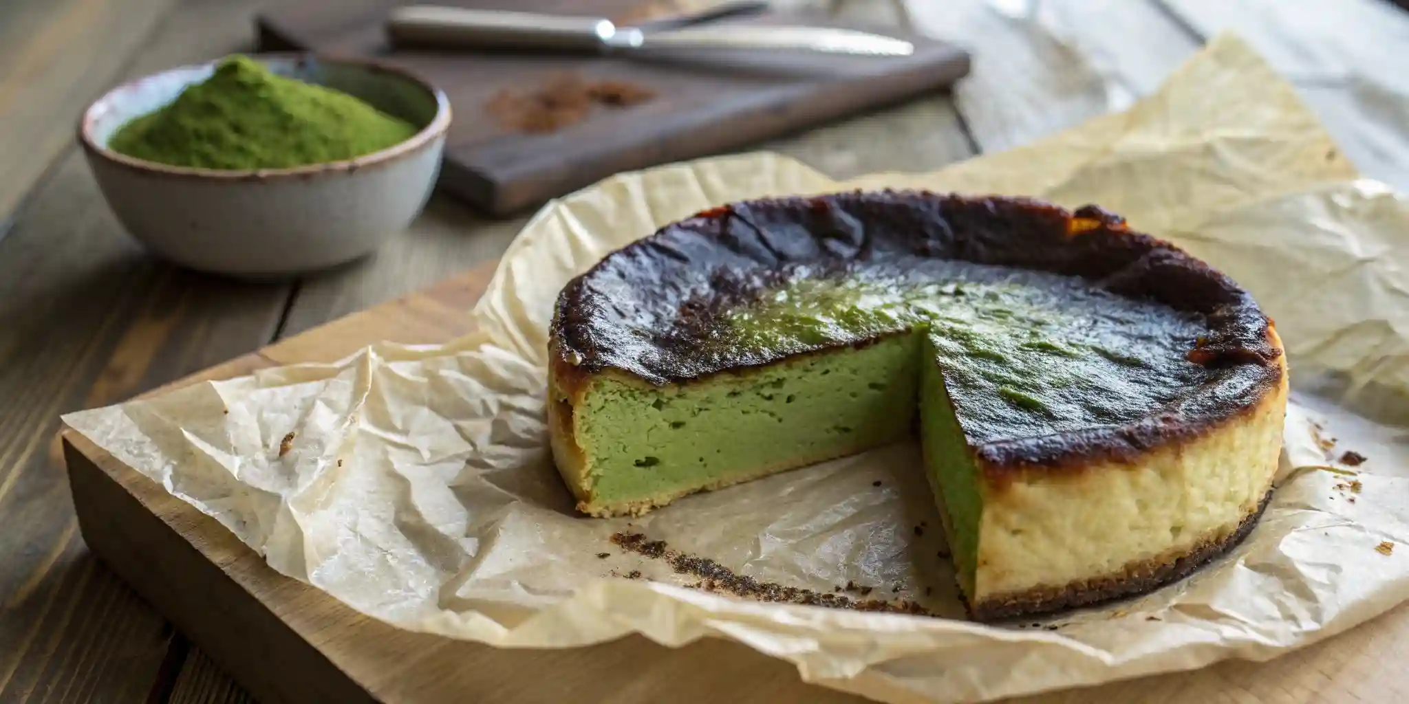 slicing matcha burnt basque cheesecake
