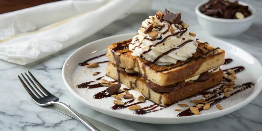 Tiramisu French toast with mascarpone and chocolate drizzle on white marble background