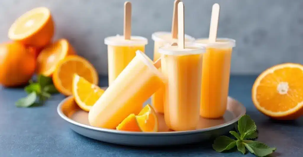 Fresh orange push pop ice cream with popsicle sticks and sliced oranges, perfect summer dessert