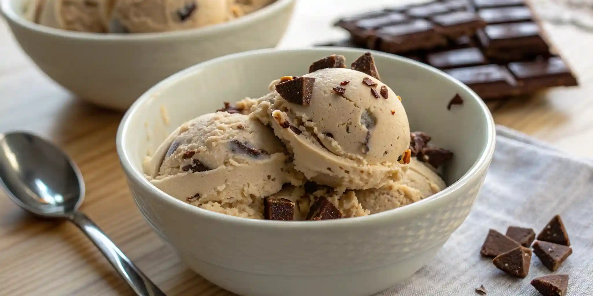ninja creami coffee ice cream in a bowl with chocolate chunks