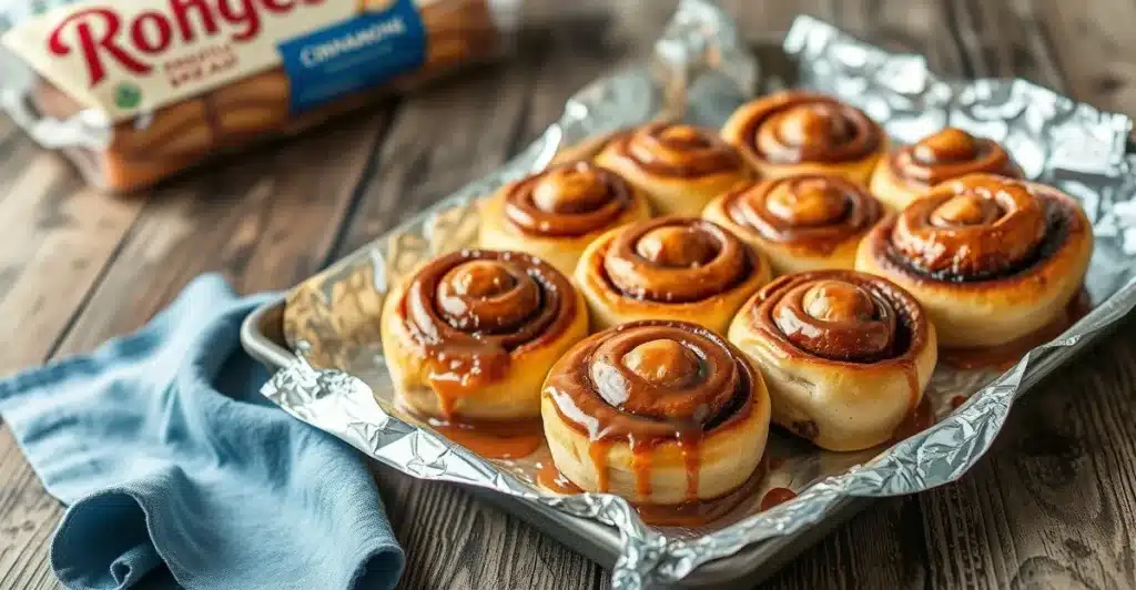 Freshly baked Rhodes Cinnamon Rolls with caramel glaze on a foil tray, perfect dessert treat.