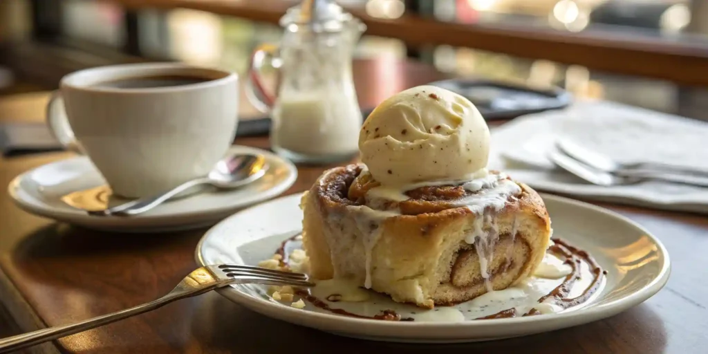 Served Rhodes cinnamon roll with ice cream on white plate