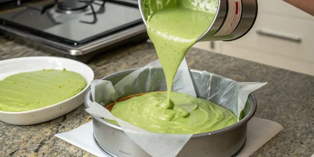 pouring matcha burnt basque cheesecake batter