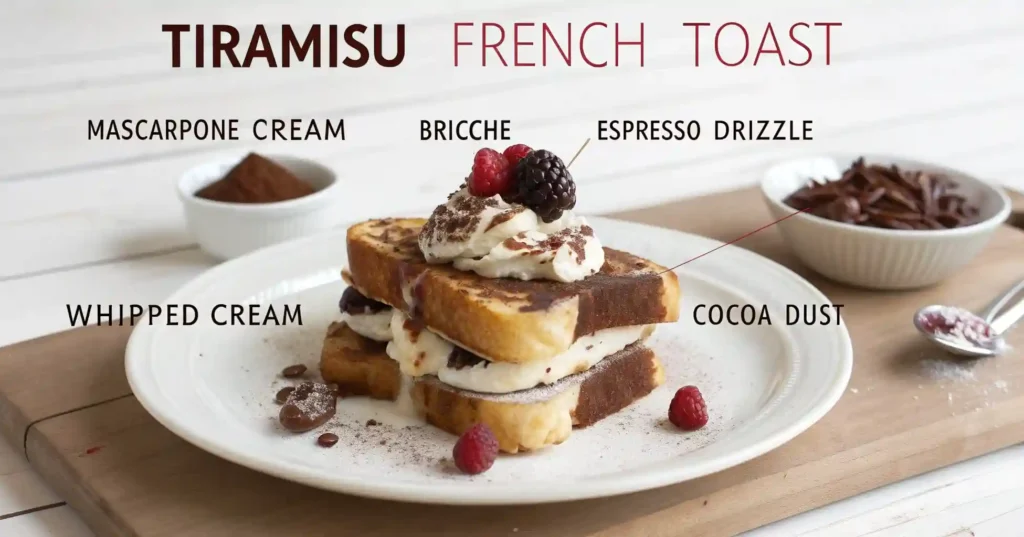 Tiramisu French toast ingredients including mascarpone, brioche, espresso, and cocoa