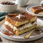 Recipe card layout showing tiramisu French toast layers and ingredients