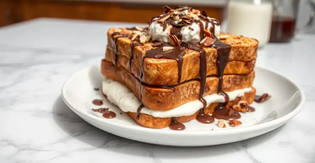 Gourmet tiramisu French toast topped with cream, chocolate sauce, and sliced almonds