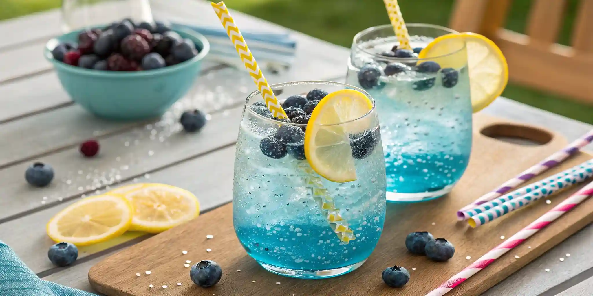 Blue raspberry lemonade with lemon slices and mint close-up