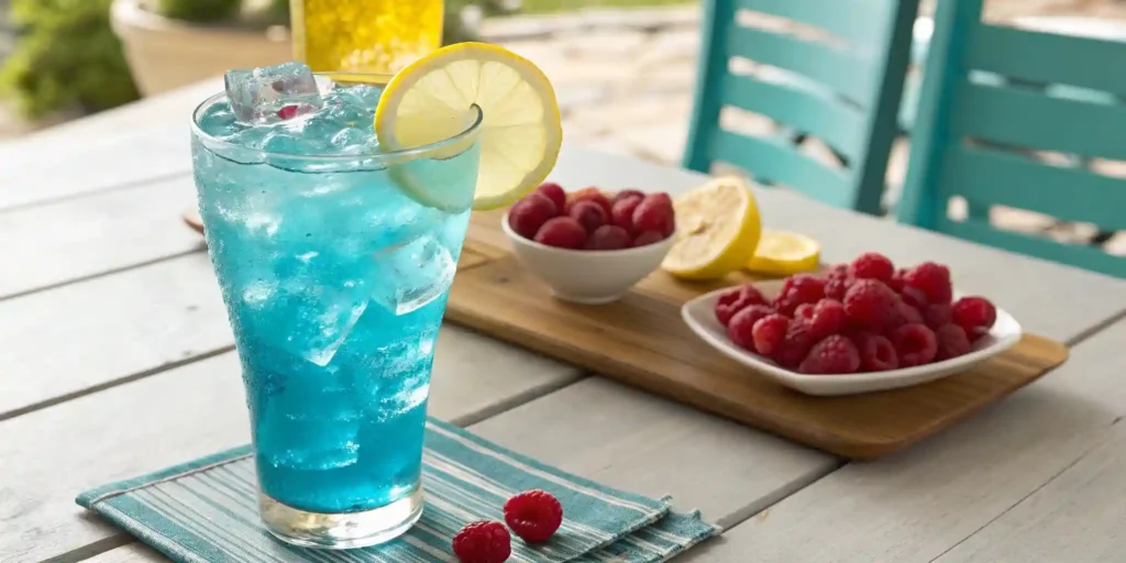 Tall glass of blue raspberry lemonade with ice and lemon slice served outdoors